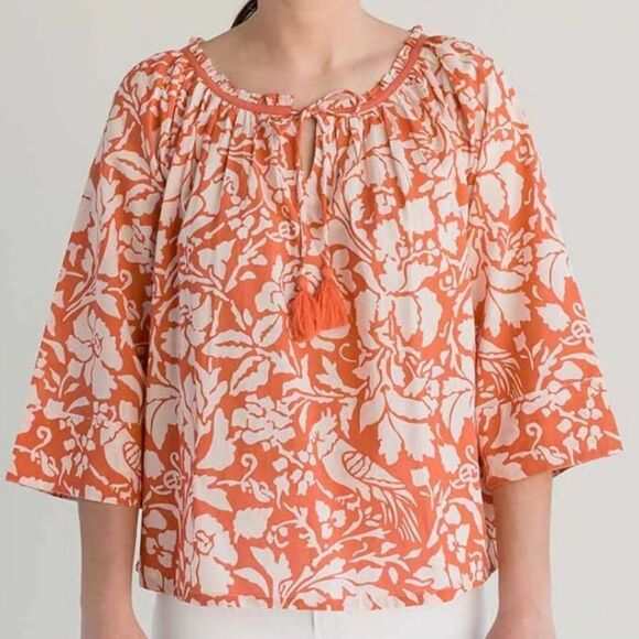 Pomegranate Mango Parrot Tie Neck Blouse Floral Print Women's Peasant Top Large - Picture 1 of 10